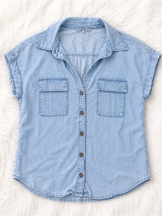Love Tree Tops - Love Tree Chambray Button Down Top Small | Light Wash Denim Shirt Casual Chic